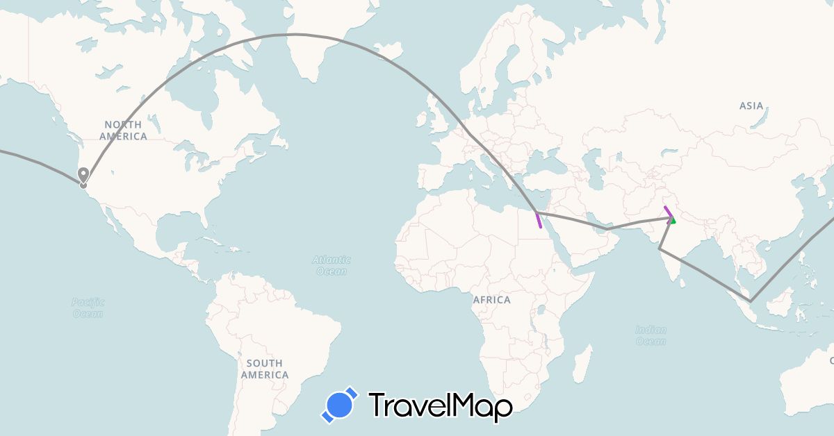 TravelMap itinerary: driving, bus, plane, train, boat in United Arab Emirates, Germany, Egypt, India, Singapore, United States (Africa, Asia, Europe, North America)