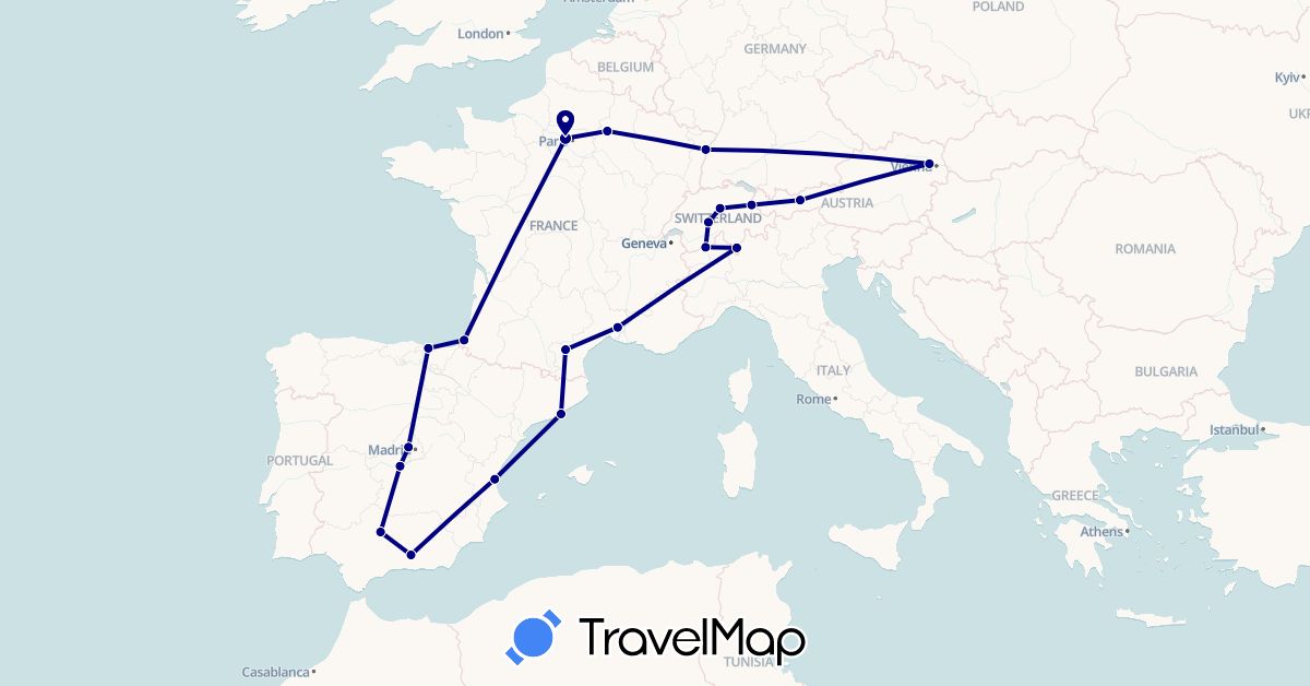 TravelMap itinerary: driving in Austria, Switzerland, Spain, France, Liechtenstein (Europe)